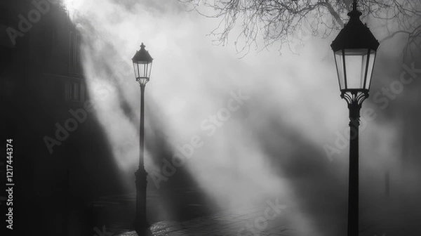 Fototapeta Streetlights casting long shadows in a smog-filled urban area, eerie atmospheric effect, symbolic of air pollution.