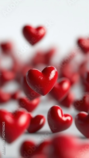 Fototapeta 3d red hearts drifting valentine against pristine white background, symbolizing romantic sentiment, perfect for love related design concepts. Vertical format