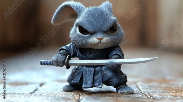 Obraz Angry grey rabbit ninja holding katana.