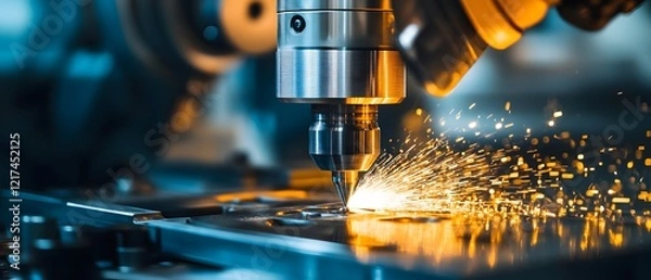 Fototapeta Precision machining process with high-tech CNC milling machine creating sparks while shaping metal in a modern industrial workshop environment showcasing advanced technology