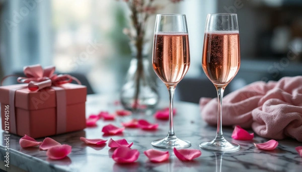Obraz two glasses of champagne and gift box valentine