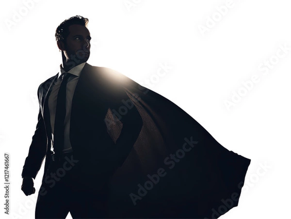 Fototapeta Isolated Silhouette of a Man in a Suit with a Flowing Cape