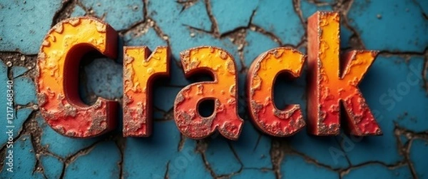 Fototapeta The striking word Crack stands out in fiery orange and red hues, set against a textured, cracked blue surface. This dynamic image captures the essence of contrast and decay, evoking feelings of