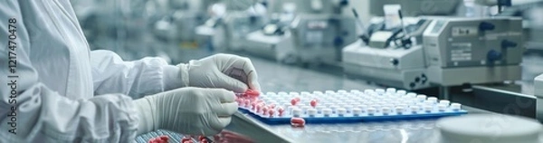 Fototapeta A scientist in a lab handles pharmaceutical capsules with precision equipment and wears protective gear like gloves and a white coat. The work involves research, development, and quality control
