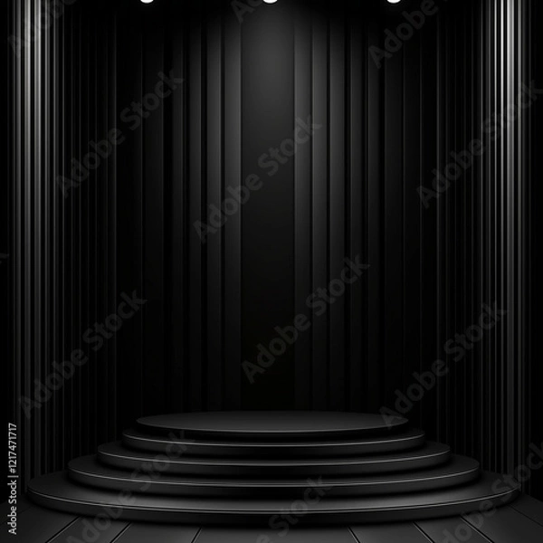 Fototapeta Black podium for product presentation with dramatic spotlight and textured backdrop