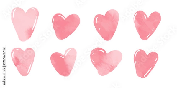 Fototapeta Set of pink watercolor hearts in vector. Texture illustration with love and relationship concept for Mother's Day, for lovers and friendship. 