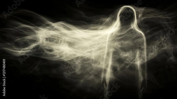 Fototapeta Ethereal silhouette of a human-like figure emerging from swirling smoke against a dark backdrop, exuding a surreal and mystical atmosphere. Perfect for abstract and fantasy-inspired themes.