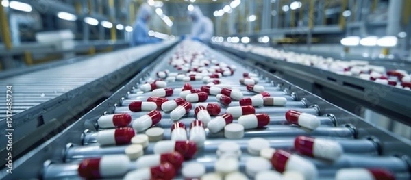 Fototapeta In pharmaceutical manufacturing, a production line with capsules is crucial. Workers in protective clothing ensure quality control. Automation and technology drive efficiency in the industry