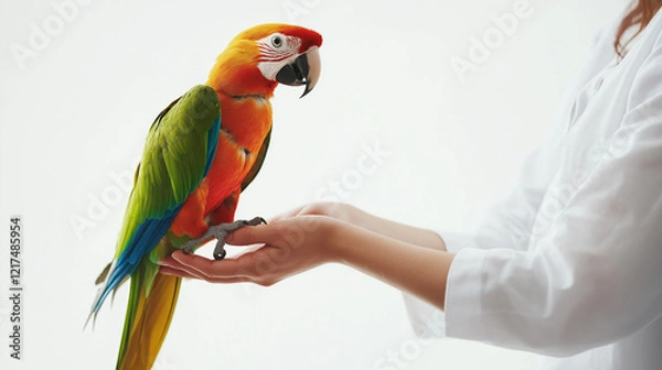 Fototapeta Vibrant macaw parrot perched on a veterinarian's hand during an examination, symbolizing exotic pet care and health.