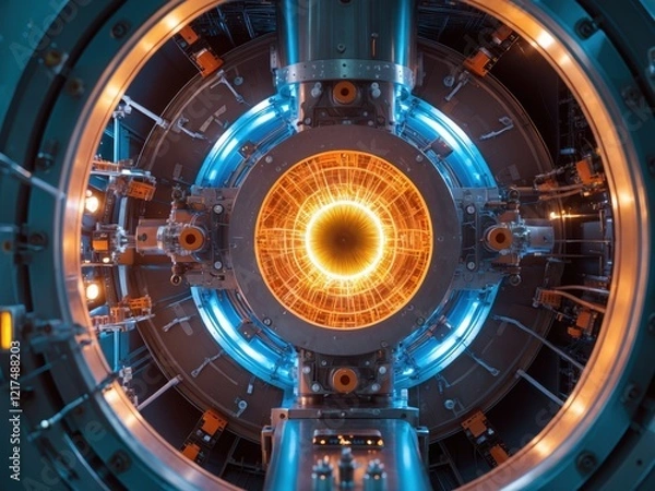 Fototapeta Innovative thermonuclear fusion reactor showcasing vibrant plasma and advanced technology in a controlled scientific environment