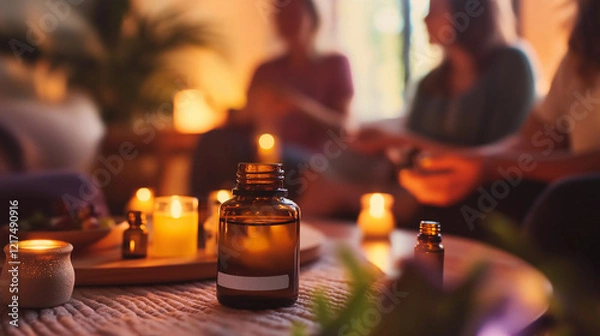 Obraz Aromatherapy session with essential oils, candles, and relaxed atmosphere, featuring people sharing moments of mindfulness and wellness in a cozy, dimly lit setting.