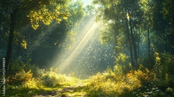 Fototapeta A serene forest scene with sunlight filtering through trees and flowers.