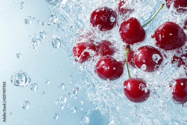 Obraz Cherries splash in water, showcasing freshness and vibrant color against a clean white background