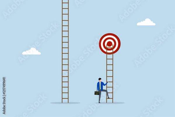 Fototapeta Focus on short term goal to achieve long term success, clever entrepreneur preparing to ascend the ladder to reach immediate objective. 
