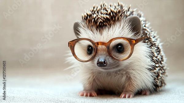 Fototapeta A tiny hedgehog wearing spectacles sits against a light-gray background. 
