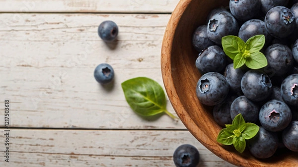 Obraz Blueberries, Fresh blueberries in wooden bowl on wooden table, Close-up of Blueberries with basil in wooden bowl, Blueberries on Table Background