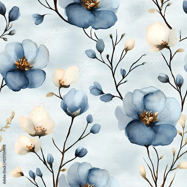 Fototapeta Seamless pattern of a cotton flowers in bloom and branches on blue watercolor background, Cotton flower branches on soft blue artistic background seamless texture