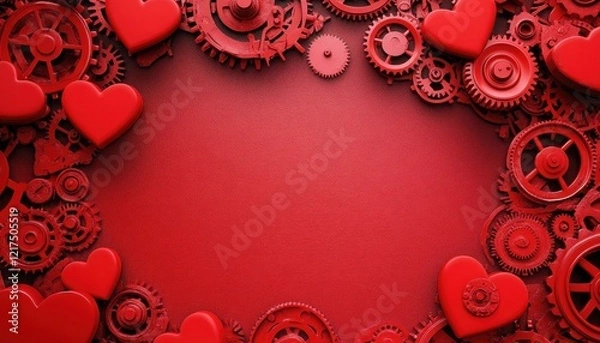 Obraz Red Metallic Hearts and Gears on Red Background