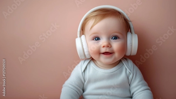 Fototapeta A cheerful baby wearing white over-ear headphones sits on a soft pink background. The baby's joyful expression and relaxed posture suggest pure contentment.