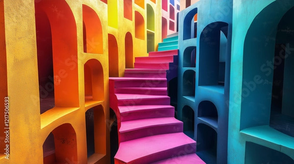 Fototapeta Colorful intricate stairs. Abstract shapes mazes