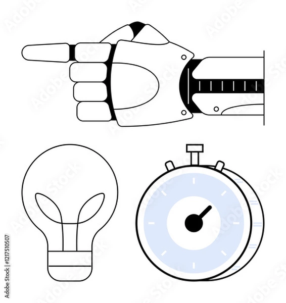 Fototapeta Robotic hand extends index finger, paired with a glowing light bulb and stopwatch. Ideal for technology, innovation, productivity, time management, automation, creativity, abstract line flat metaphor