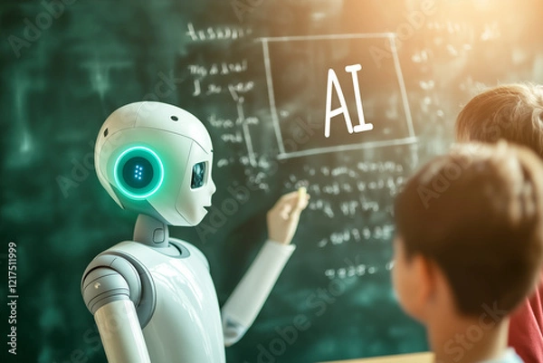 Fototapeta robot teaching children about AI in classroom setting, engaging and interactive learning experience