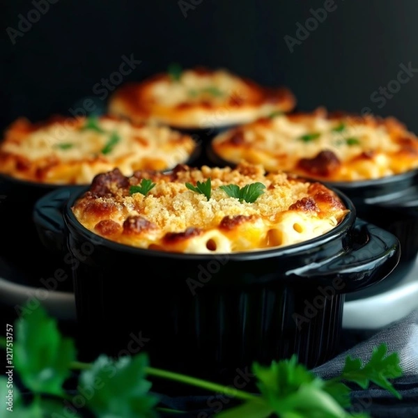Fototapeta Creamy Mac and Cheese Indulgence: Four ramekins of golden, bubbly mac and cheese, topped with a crispy breadcrumb crust and fresh parsley, sit invitingly on a dark background.