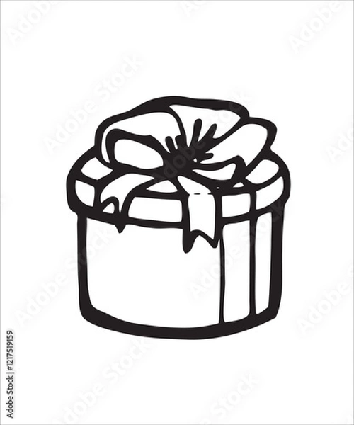 Fototapeta Party event staff doodle artistic, festive elements, cute objects, birthday decorations, simple doodles, round box, gift boxes with a button, black and white