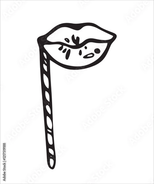Fototapeta Party event staff doodle artistic, festive elements, cute objects, birthday decorations, simple doodles, lips on a stick, black and white