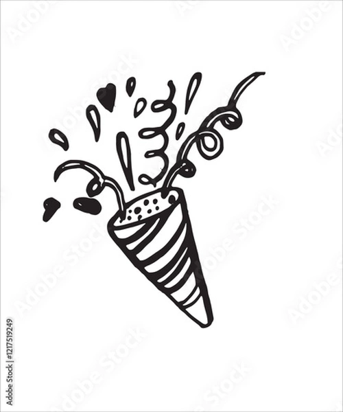 Fototapeta Party event staff doodle artistic, festive elements, cofetti cone, cute objects, birthday decorations, simple doodles, gifts, black and white
