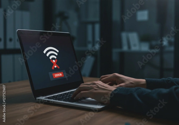 Fototapeta LAPTOP, HANDS AND NO INTERNET CONNECTION FOR PROBLEM, ERROR, TECHNOLOGY AND FAILURE. COMPUTER, SCREEN, WIFI, SIGNAL, NETWORK AND OFFLINE WITH ISSUE, BUG AND ACCESS IN OFFICE, WORKPLACE