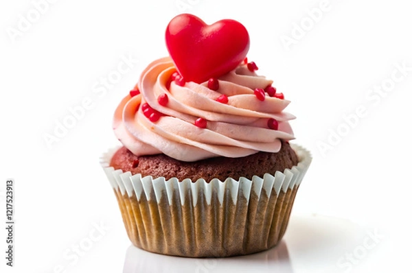 Fototapeta A delightful cupcake topped with pink frosting, sprinkles, and a charming red heart, perfect for celebrations and romantic occasions.