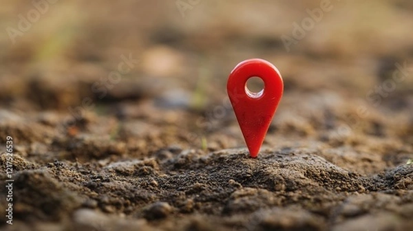 Fototapeta A Red Location Marker Pin In Dark Soil A Close Up View