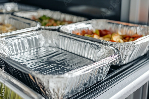 Fototapeta Disposable aluminum food container trays with lids or foil storing leftovers in a fridge, ensuring freshness and organized food storage for meal prep and preservation.

