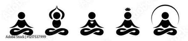 Obraz Meditation icon set in flat style. Yogi with a heart, an energy or a lotus symbol in black. Related to healthy living, yoga, meditation, relaxation Vector illustration for graphic design, web, app, ui