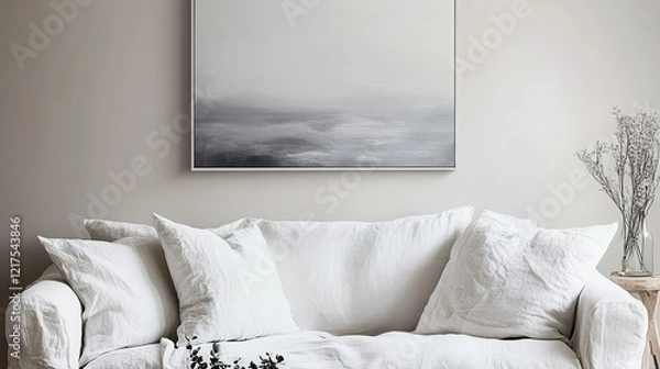 Fototapeta Abstract Seascape Painting Above White Linen Sofa