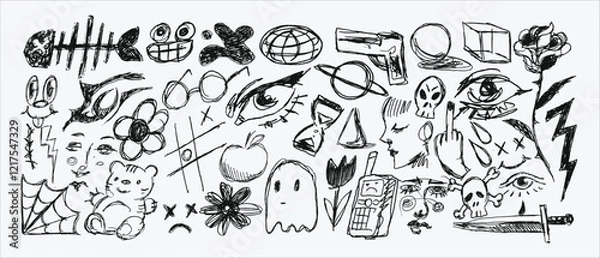 Fototapeta Messy textured scribbles and anti-design doodles vector illustration set isolated on white background