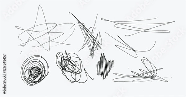Fototapeta Messy textured scribbles and anti-design doodles vector illustration set isolated on white background