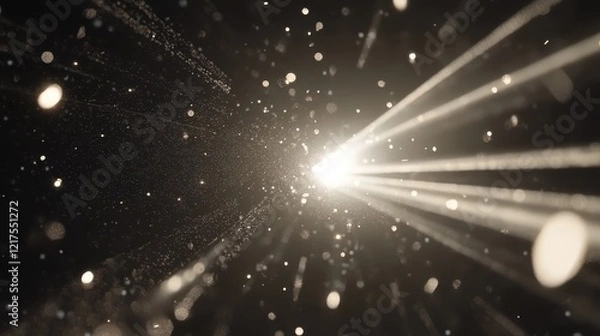 Fototapeta Bright light rays illuminate particles in dark space