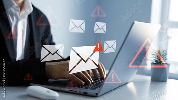 Fototapeta Email security and virus spam alert in email. Fake text email scam.Scammers online.Cyber scam.	Spam email message on digital screen.