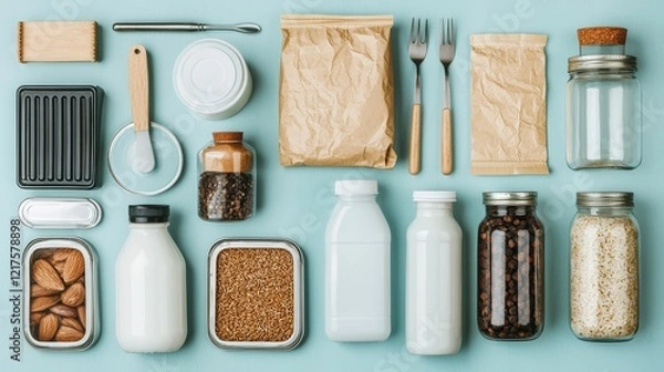 Fototapeta A variety of food storage containers, including jars and bottles, arranged neatly on a light blue surface with utensils and ingredients visible.