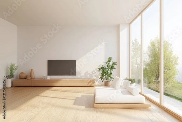 Fototapeta A living room interior design with a wooden TV stand mock-up and a white sofa in a modern style home.