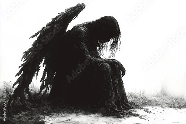 Fototapeta silhouette of a sad angel with burnt wings on a white background