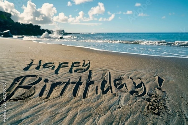 Obraz A beautiful happy birthday message is written on the sandy beach by the ocean in a serene and picturesque setting, with calming waves and coastal scenery creating a perfect backdrop for celebration