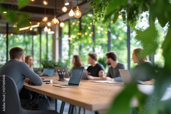 Fototapeta Creative workspace with diverse young professionals brainstorming in a green and sustainable office space. Modern business and collaboration concept.