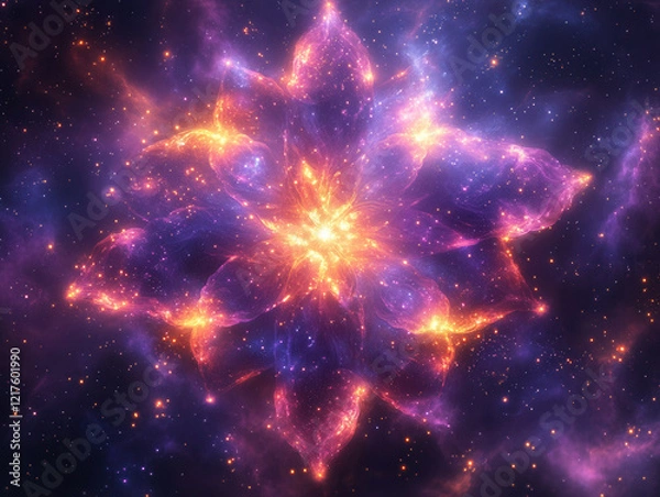 Fototapeta Mandala made of glowing stars and cosmic dust, symmetrical cosmic design, radiant light in the center, intricate circular patterns, vibrant colors (gold, teal, purple, white)