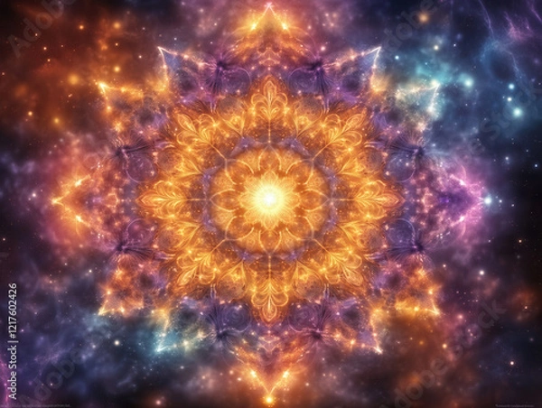 Fototapeta Mandala made of glowing stars and cosmic dust, symmetrical cosmic design, radiant light in the center, intricate circular patterns, vibrant colors (gold, teal, purple, white)