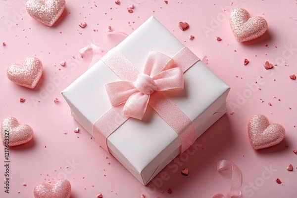 Fototapeta Gift box adorned with pink ribbon surrounded by heart-shaped decorations on a pink surface