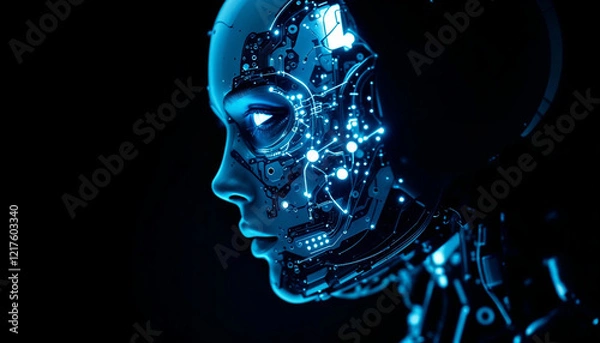 Obraz Robot with intricate circuitry design showcases advanced technology and artificial intelligence features in a dark setting