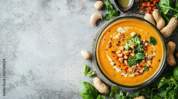 Obraz Creamy chickpea soup topped with herbs and peanuts on a textured gray background with copy space for text